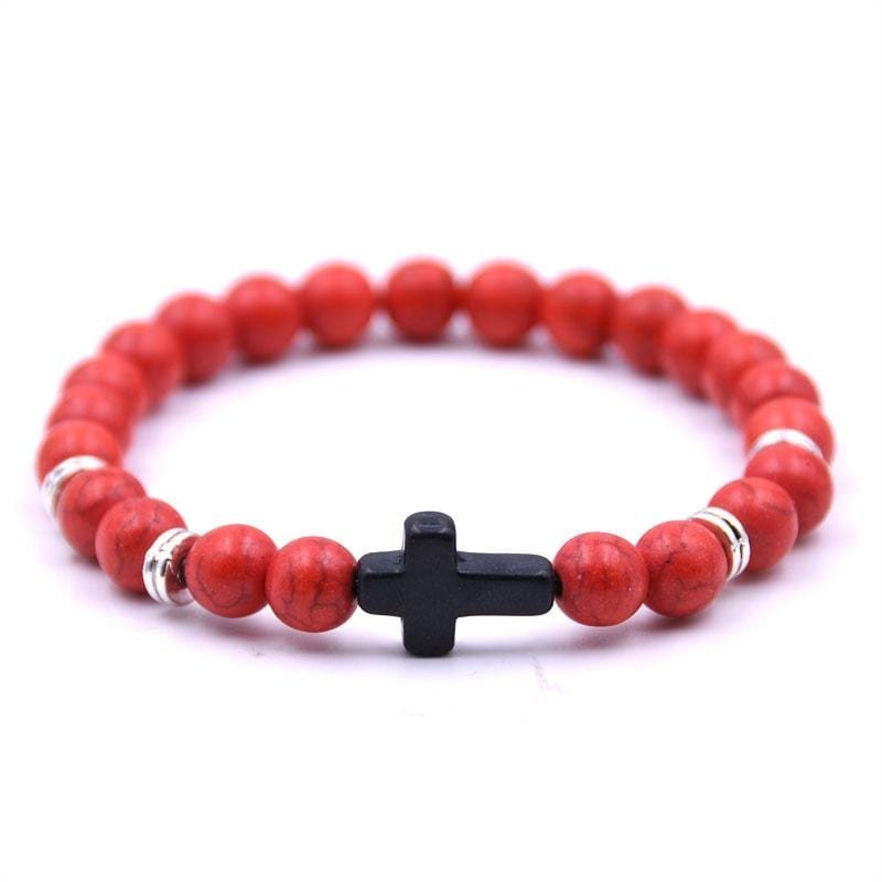 Bracelet Perles Rouge avec Croix en Pierre - Mon Bracelet Homme
